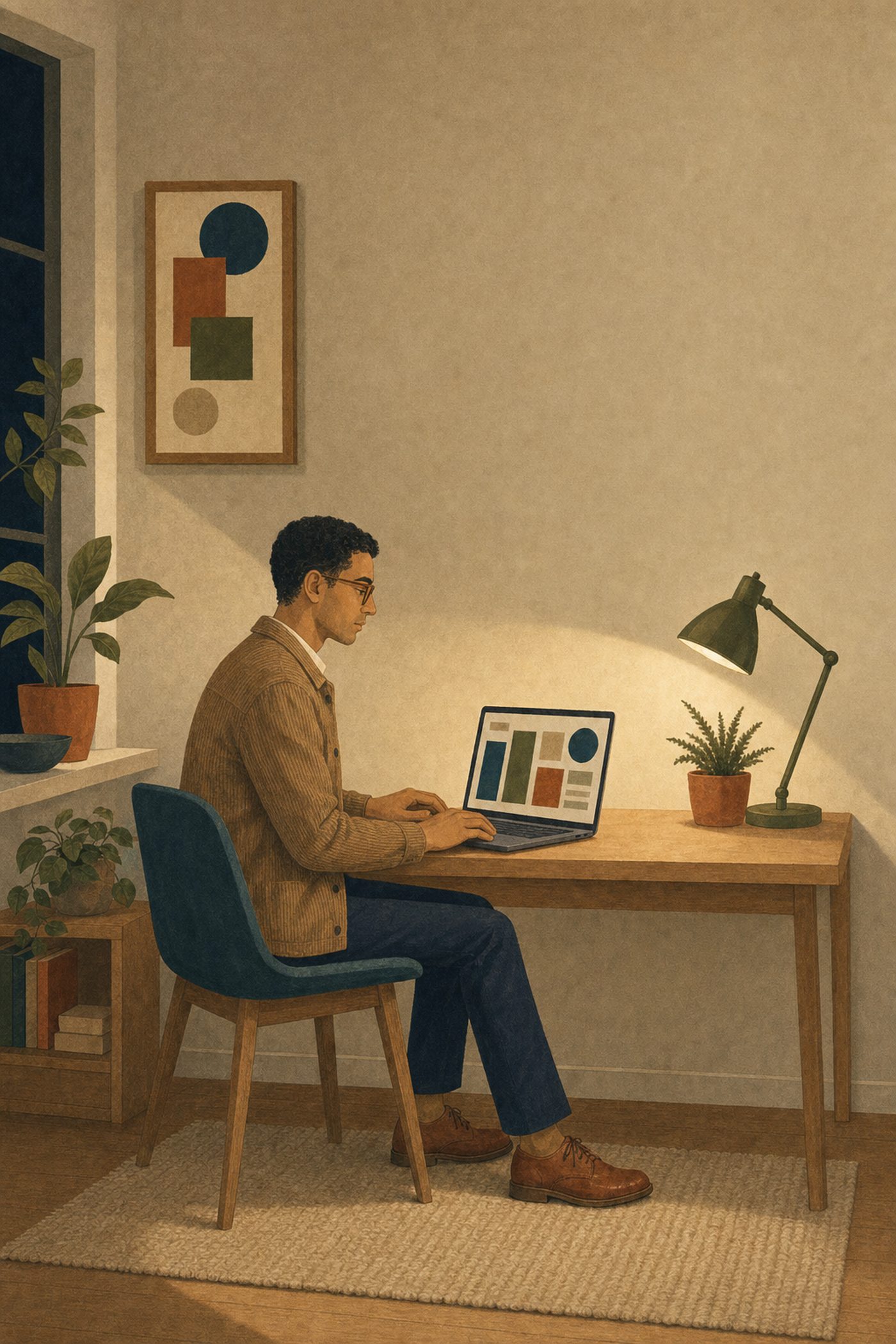 Illustration de marque : un homme travaille le soir à son bureau, devant un ordinateur portable qui affiche des graphiques.