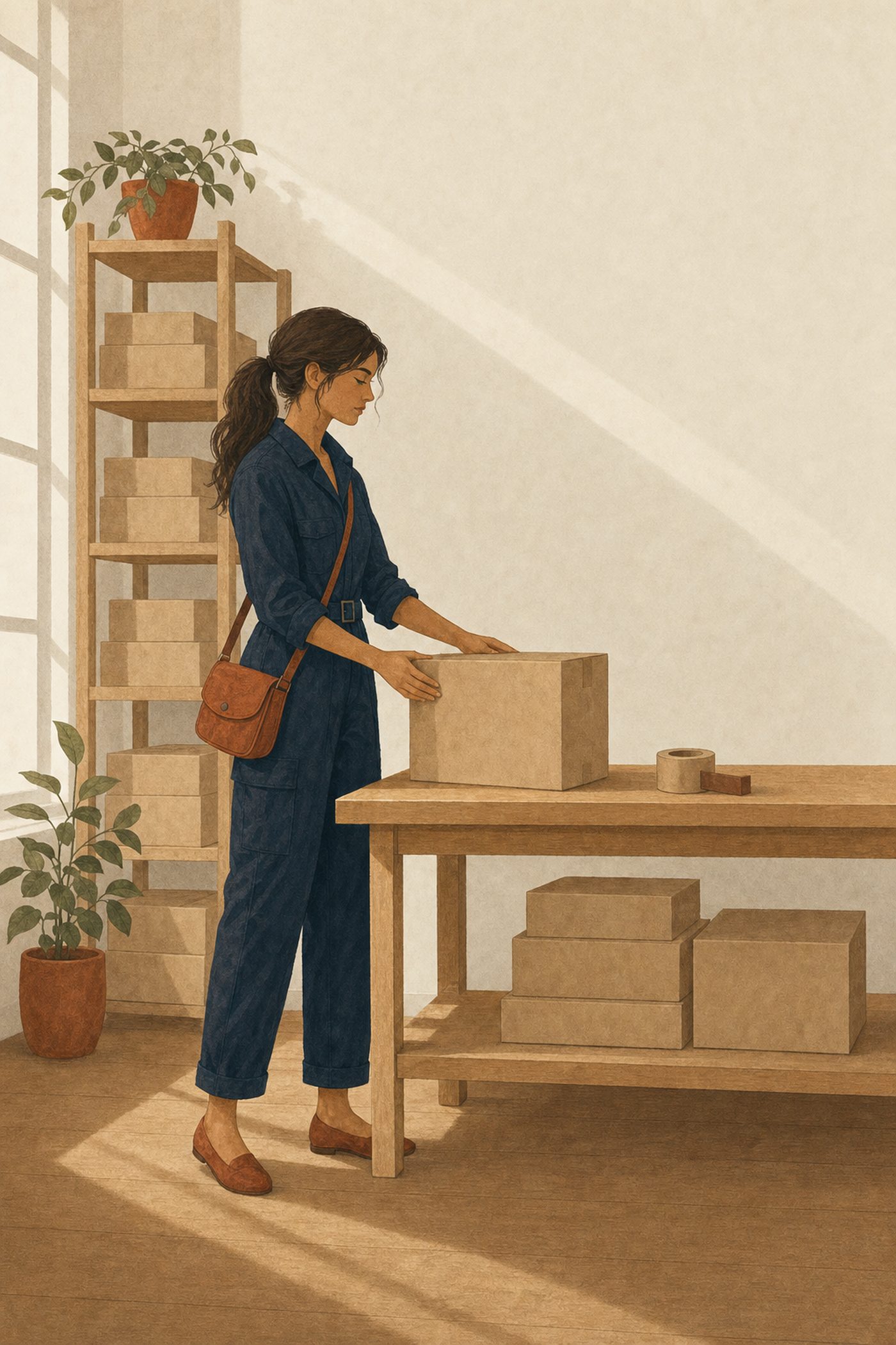 Illustration de marque : une femme prépare des colis dans une réserve claire, un carton entre les mains.