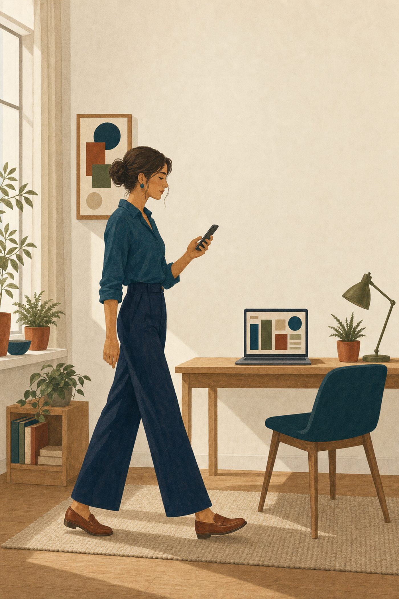 Illustration de marque : une femme traverse un bureau clair, son téléphone à la main, devant un ordinateur portable qui affiche des courbes.