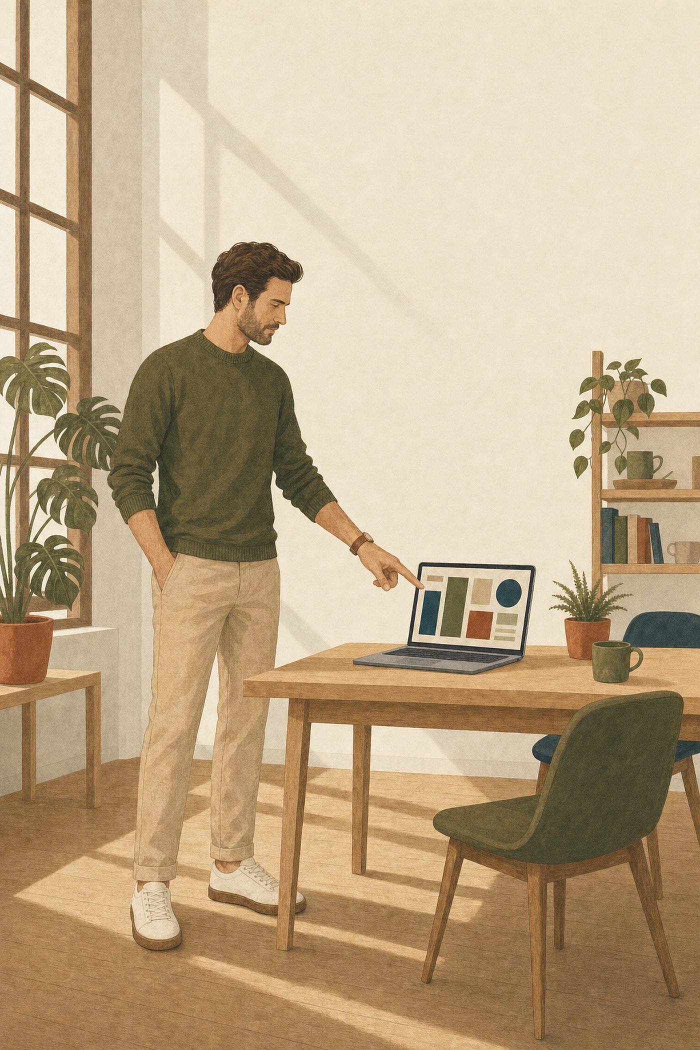 Illustration de marque : un homme debout commente l’écran d’un ordinateur portable posé sur une table en bois.