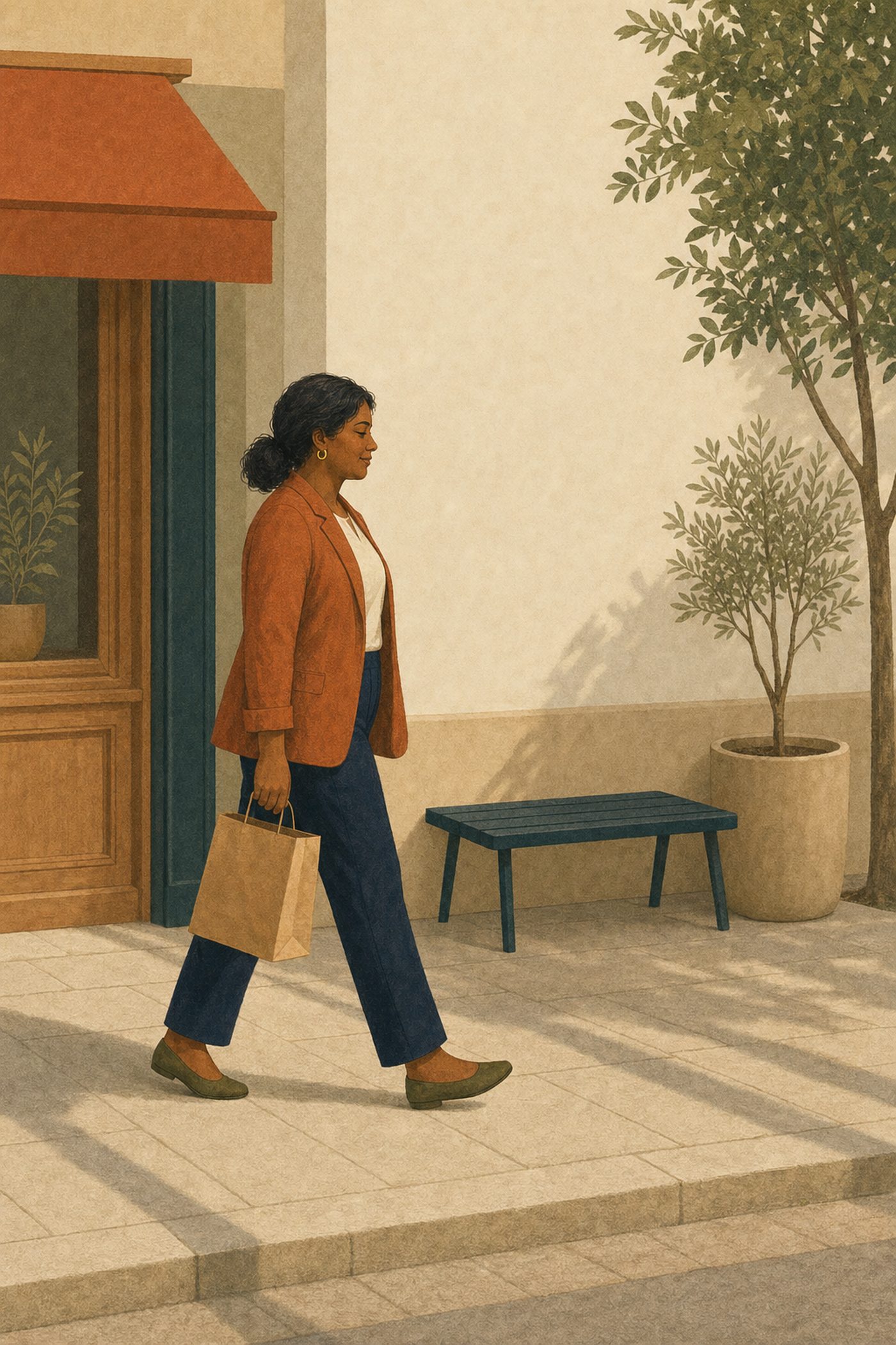 Illustration de marque : une passante marche devant une boutique, un sac d’achat en papier à la main.
