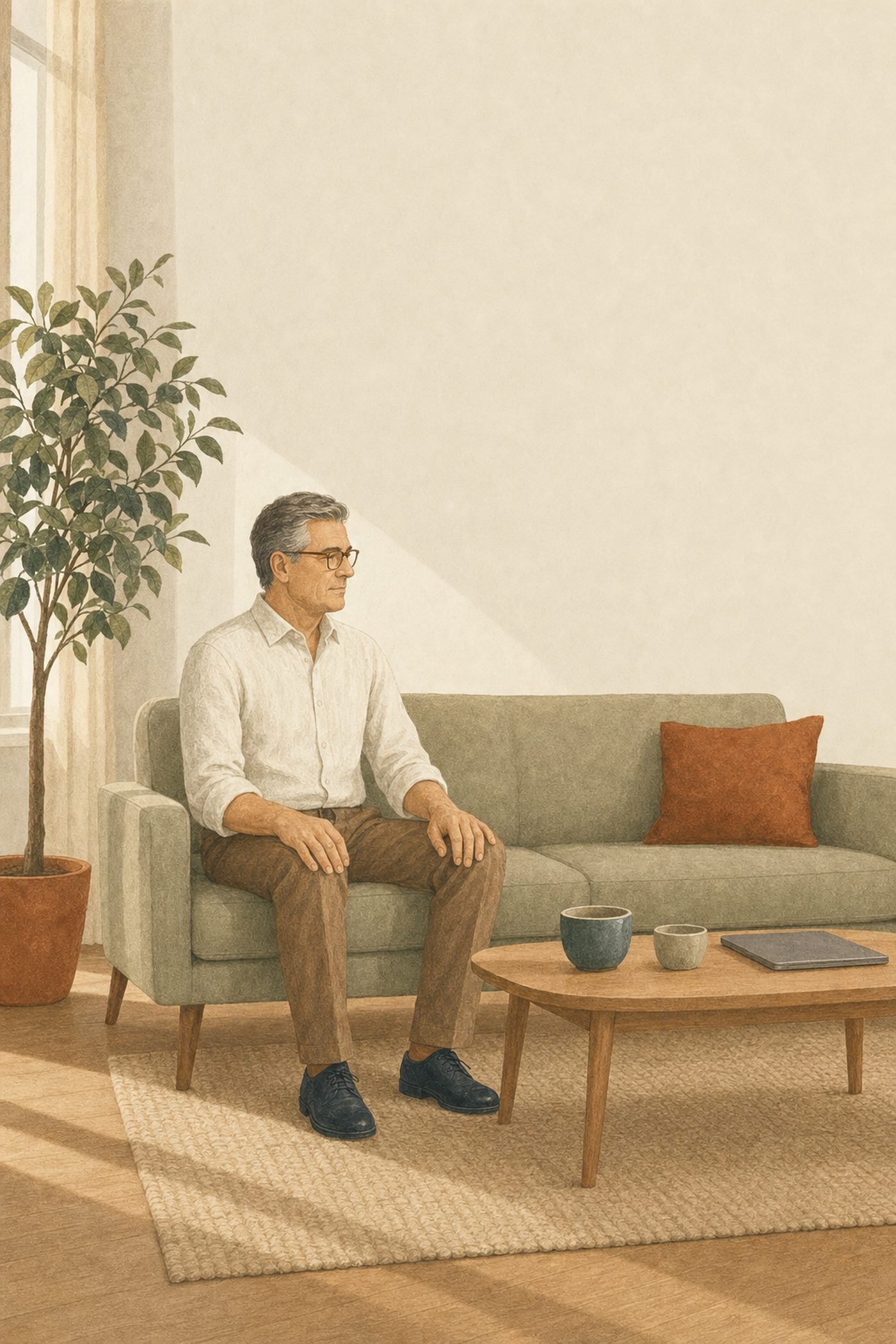 Illustration de marque : un homme assis dans un salon, mains jointes, devant une table basse où reposent deux tasses et une tablette.