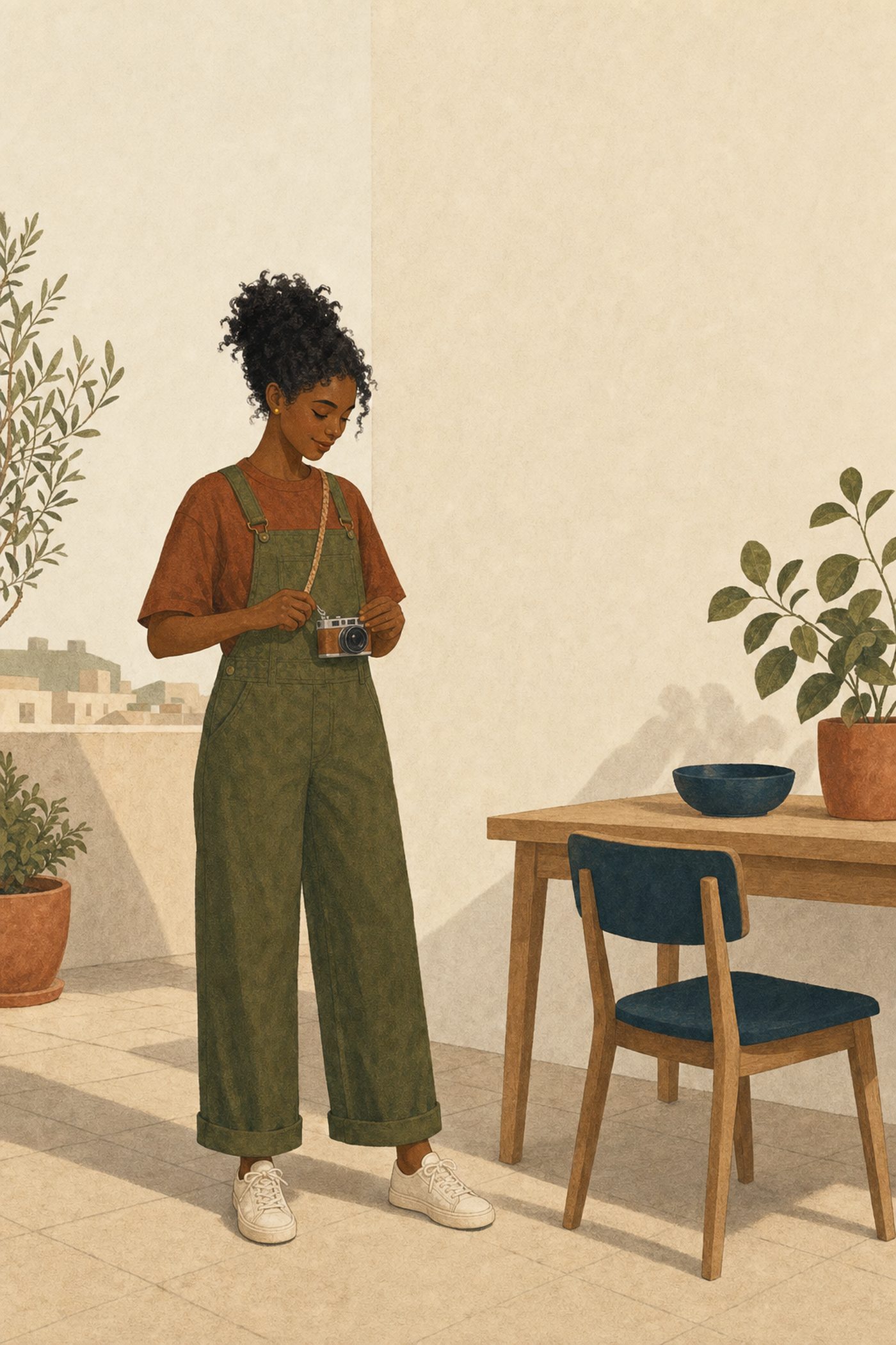 Illustration de marque : une femme en salopette verte règle un appareil photo argentique sur une terrasse, près d’une table en bois et de plantes en pot.