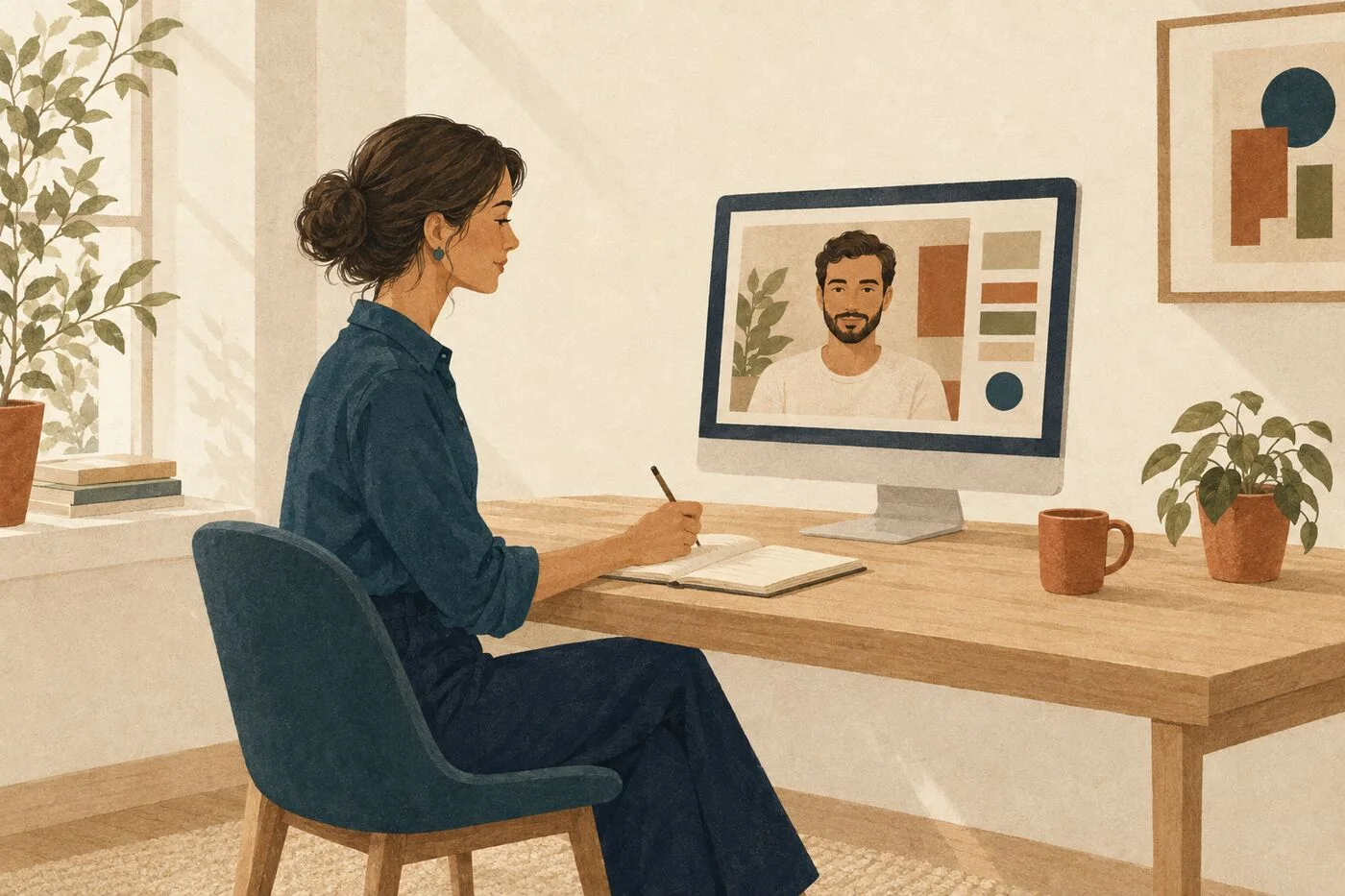 Une apprenante à son bureau, en visio avec son mentor, un carnet ouvert devant elle