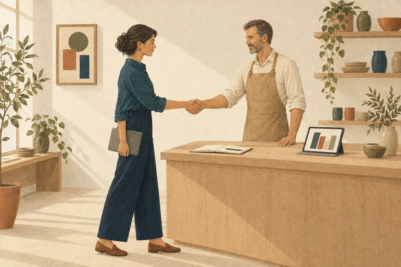 Une consultante freelance et un commerçant se serrent la main au-dessus d'un comptoir