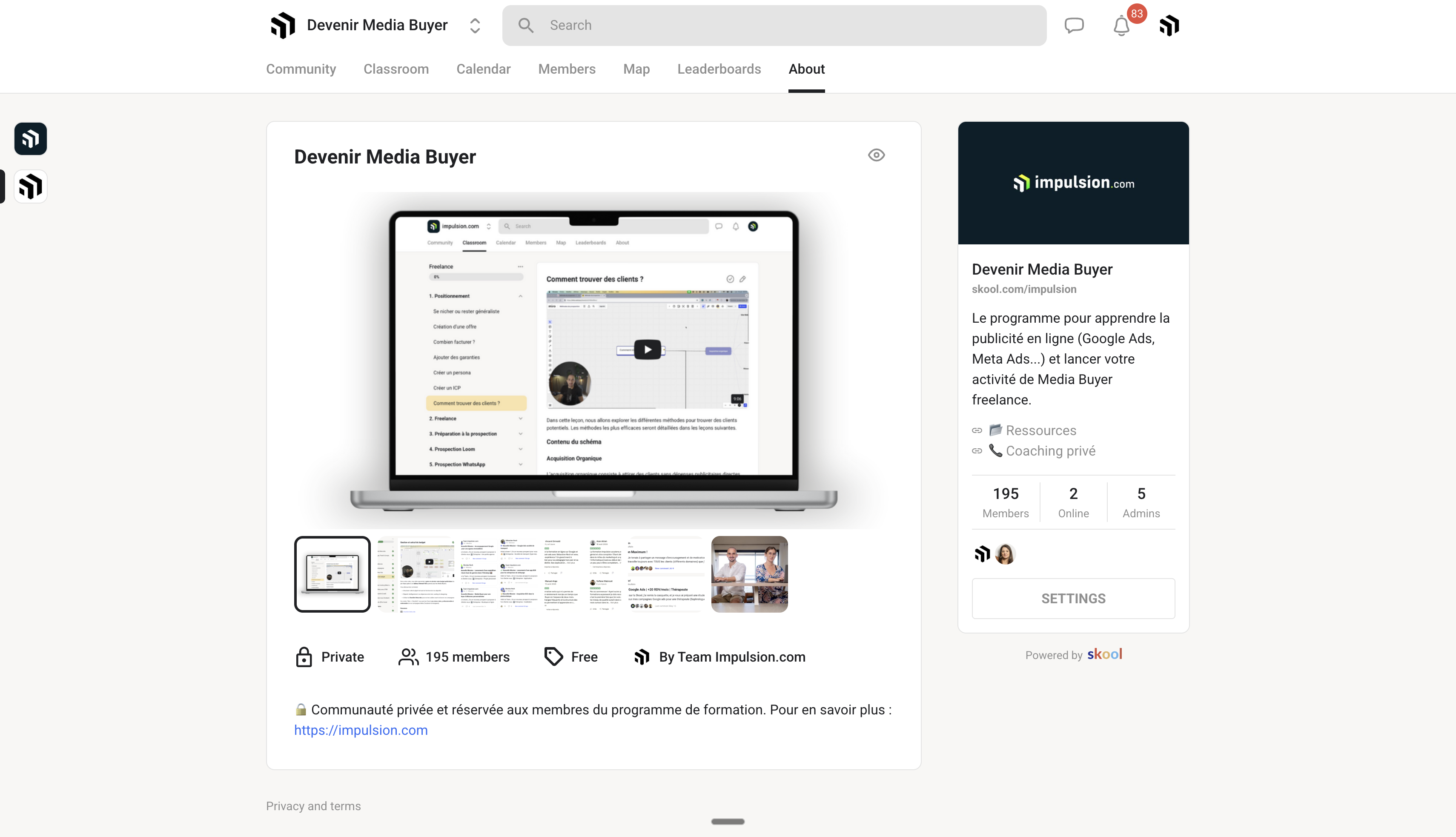 Aperçu de la plateforme Skool - Espace de formation impulsion.com